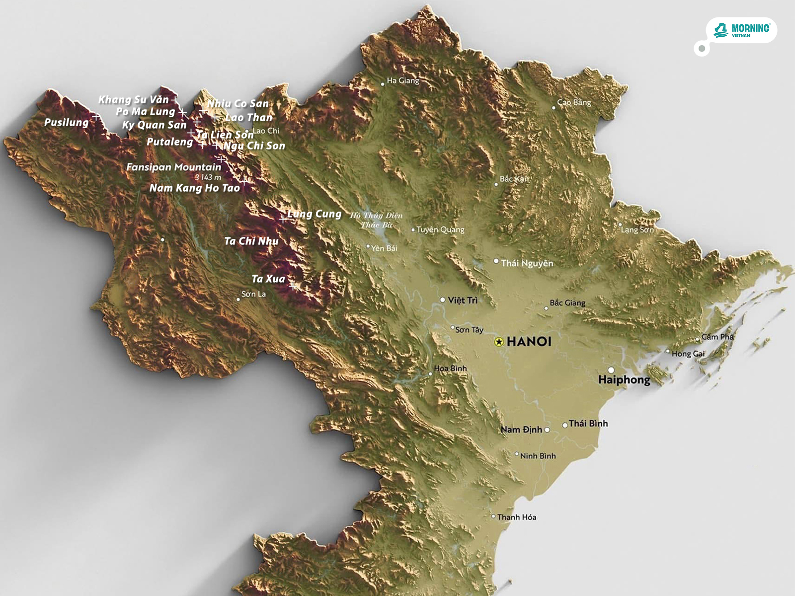 Map of northwest Vietnam's main trekking peaks across Lào Cai, Lai Châu and Yên Bái